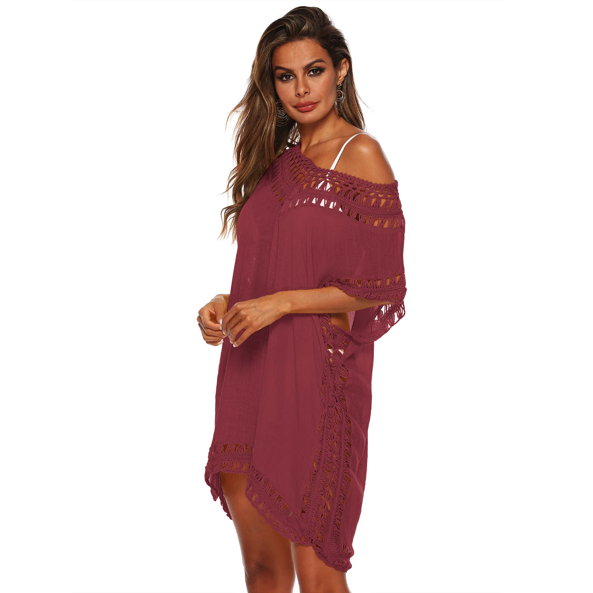 Frauen V-ausschnitt Häkeln Cover Up Sexy Aushöhlen Quaste Lose Strand Duster Kaftan Kleid Tunika Solide Bikini Cover-Ups bademode