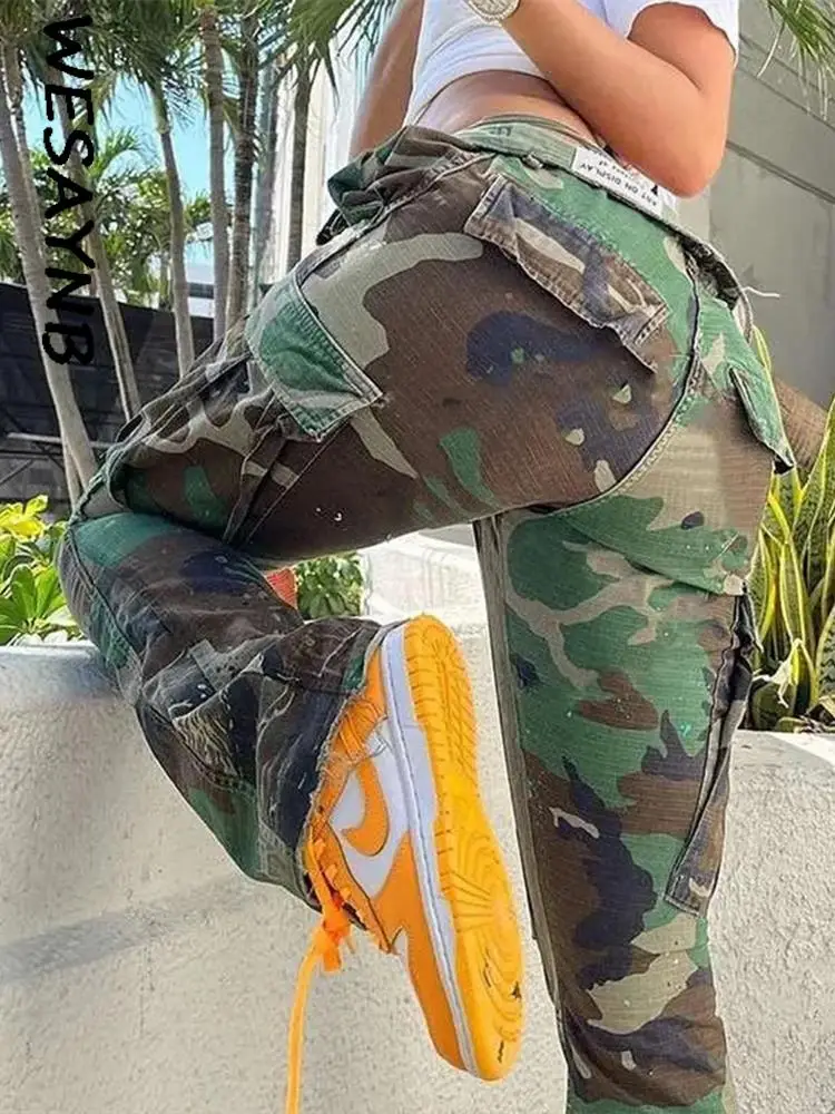 WESAYNB y2k Clothes Straight Cargo Pants For Women 2022 Green Casual Print Camouflage Trousers Baggy Pockets Pants Streetwear