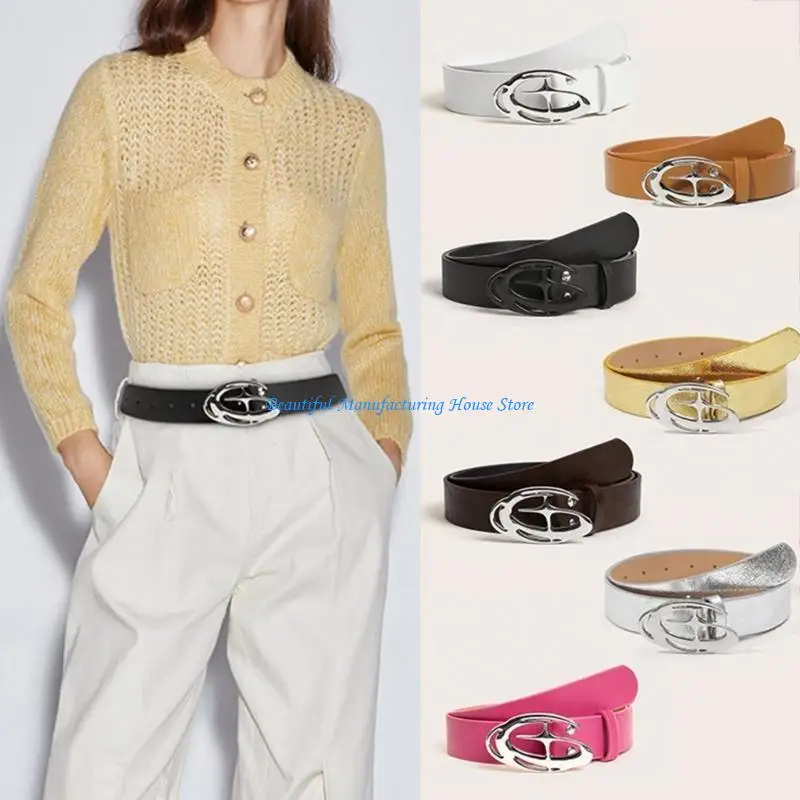 

E56A Waist Belt Chain Casual Dress PU Skinny Belt for Wrap Dress Pants Jeans
