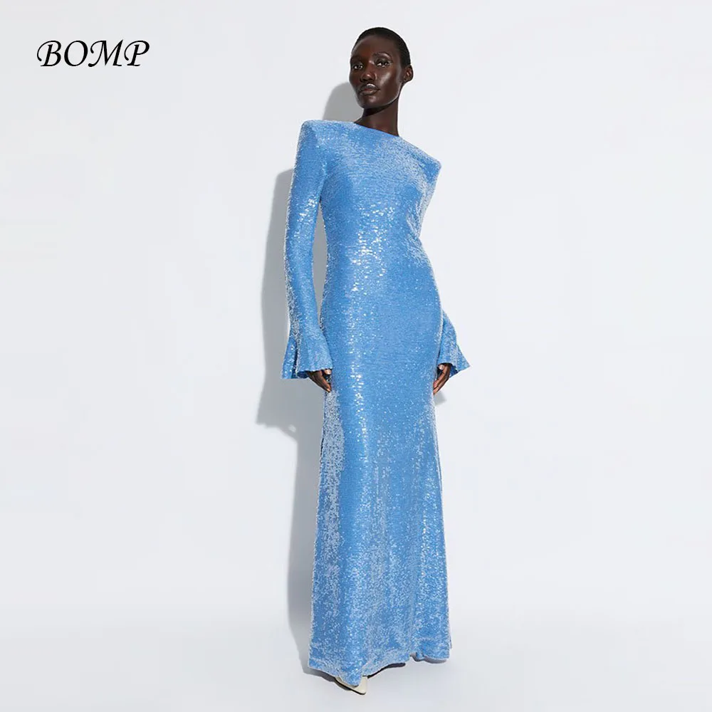 

BOMP Sparkly Sequins Mermaid Formal Evening Dresses Long Sleeves O-Neck Floor Customized prom Gowns Formal Party African Women