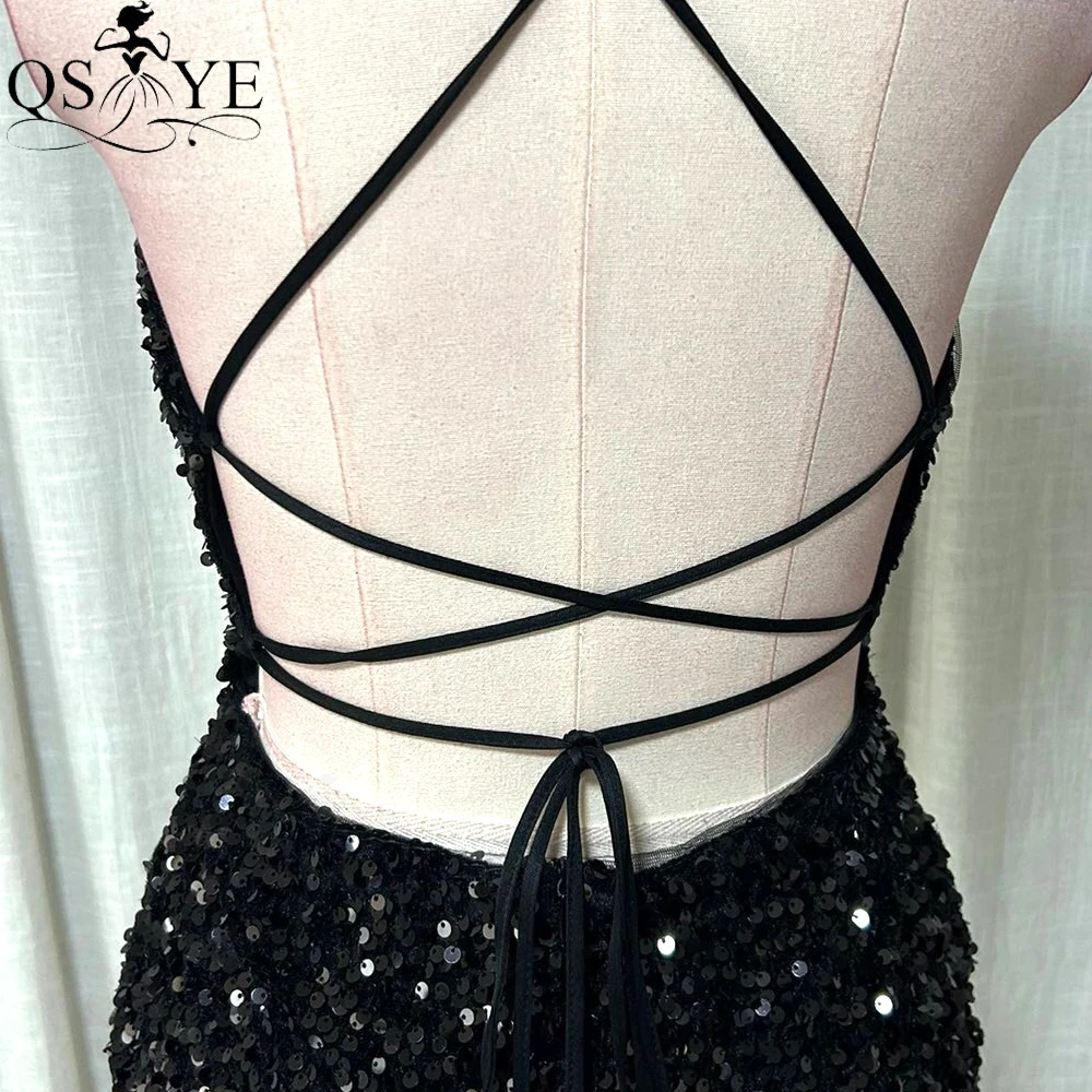 Black Sequin Sheath Short Prom Dresses Spaghetti Straps Open Low Back Evening Gown Knee Length Back Straps Sexy Girl Party Gown