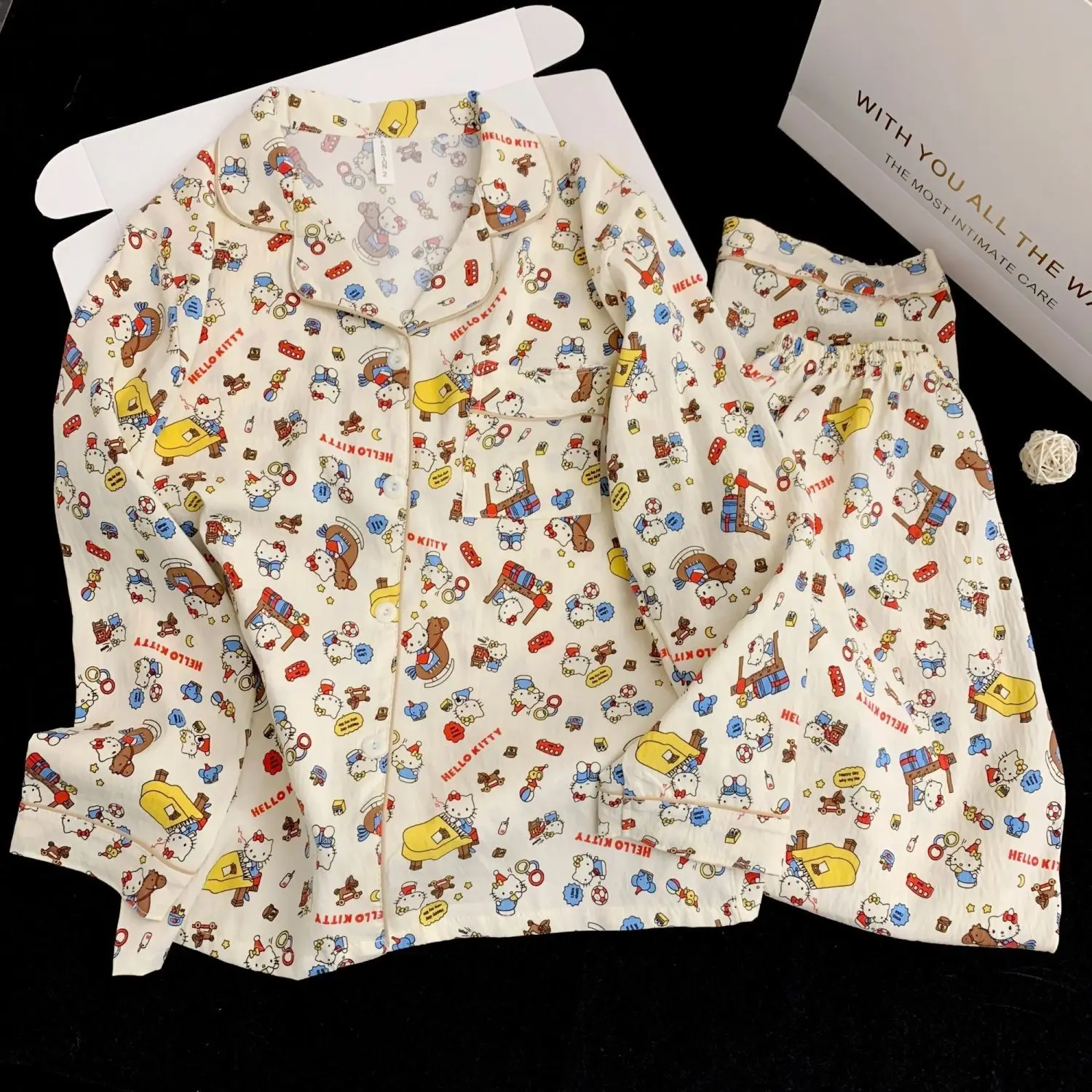 

Хлопковая пижама Sanrio Hello Kitty, весенняя пижама, женская пижама с длинными рукавами, ночная рубашка, студенческая пижама, повседневная домашняя одежда