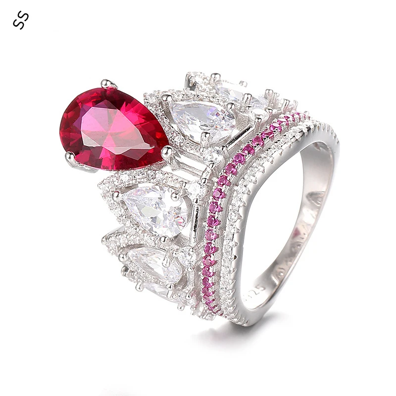 925 Sterling Silver Crown Water Drop Ring Red Gemstone Full Diamond Hand Accessories Light Luxury Ladies High-grade Jewelry