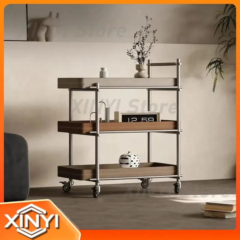 Light Luxury High-End Saddle Leather Edge Sofa Side Shelf Trolley for Living Room Removable Coffee Table for Modern Home