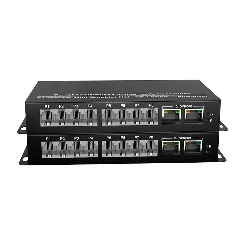 1 2 4 8 Port RJ11 Telephone with 2 Gigabit RJ45 to Fiber Optic Transceiver PCM Voice Over Fiber Optic Extender Converter