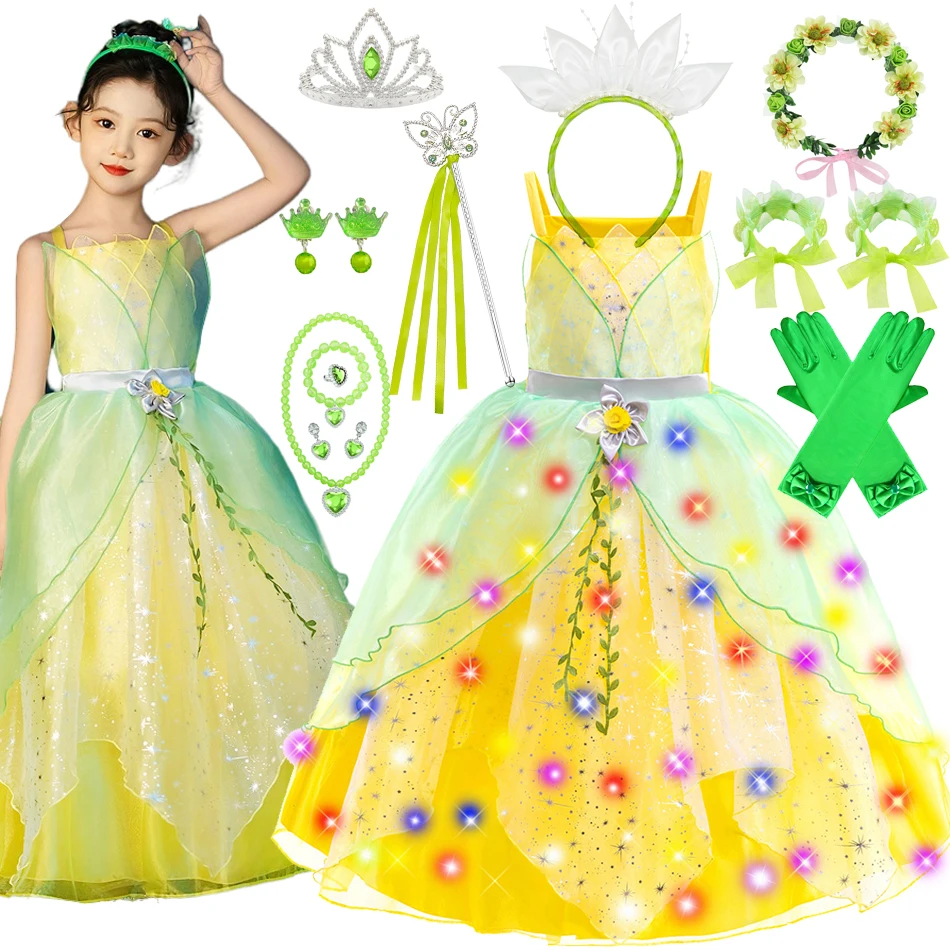 

Princess Cosplay Tiana Dress LED Light Birthday Ball Gowns Fancy Fairy Floral Clothing Party Elegant Mesh Halloween Gift 2-12T