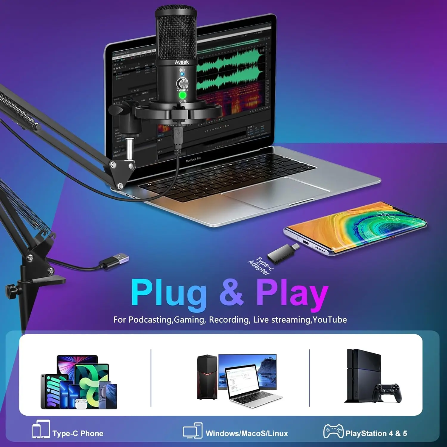 Aveek Gaming USB Microphone, Noise Cancellation Condenser mic for Pc, Podcast Microphone,with Boom Bracket,for Gaming,Podcasting