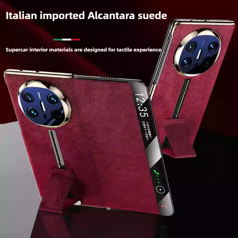 Luxury Suede Phone Case for Huawei Mate X6 Material Alcantara precise lens cutouts full-body drop wrist strap stand flip case X5