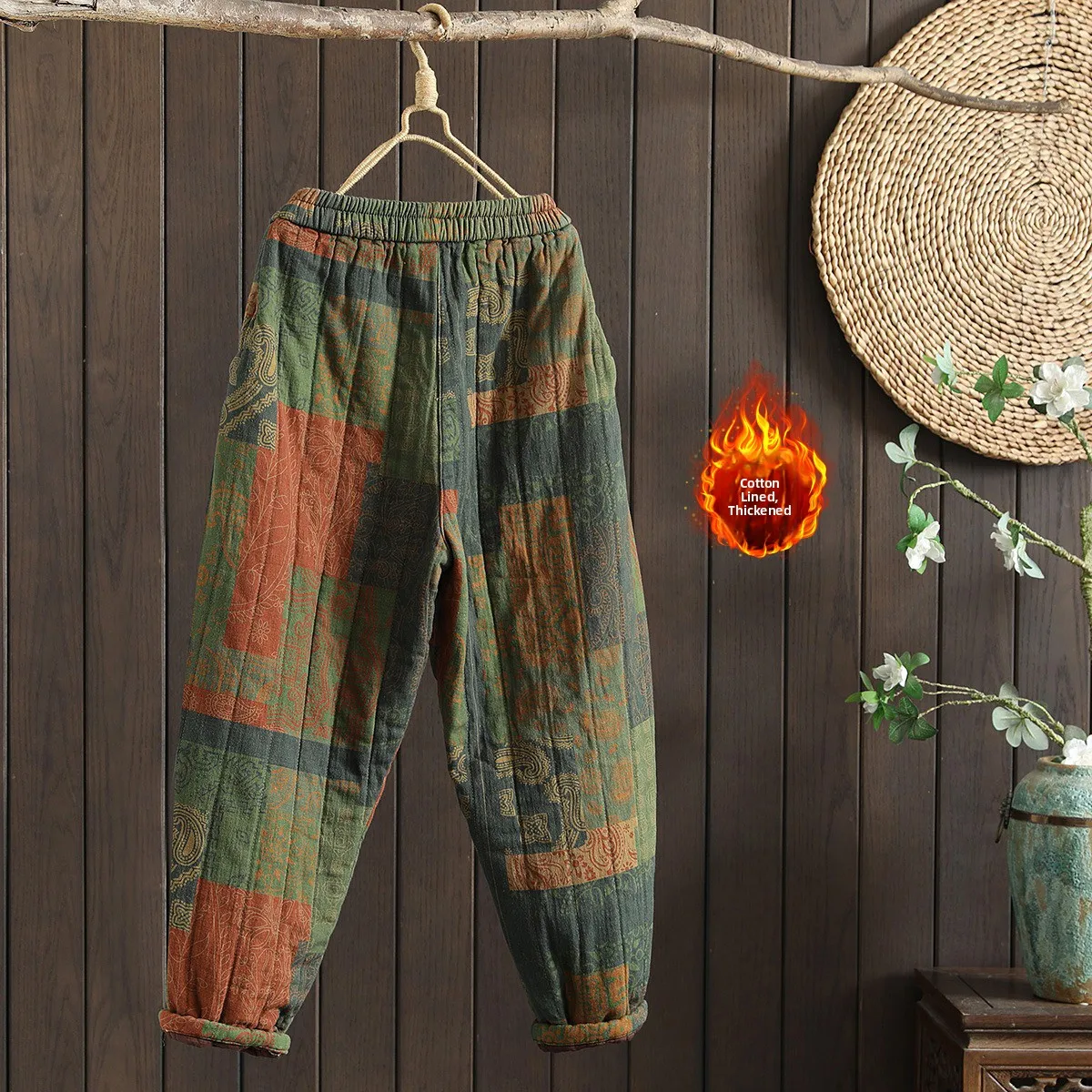 Retro National Style Printed Cotton Pants Large Size Women's Winter Warm High Waist Harlan Pants Button Decoration Outerwear
