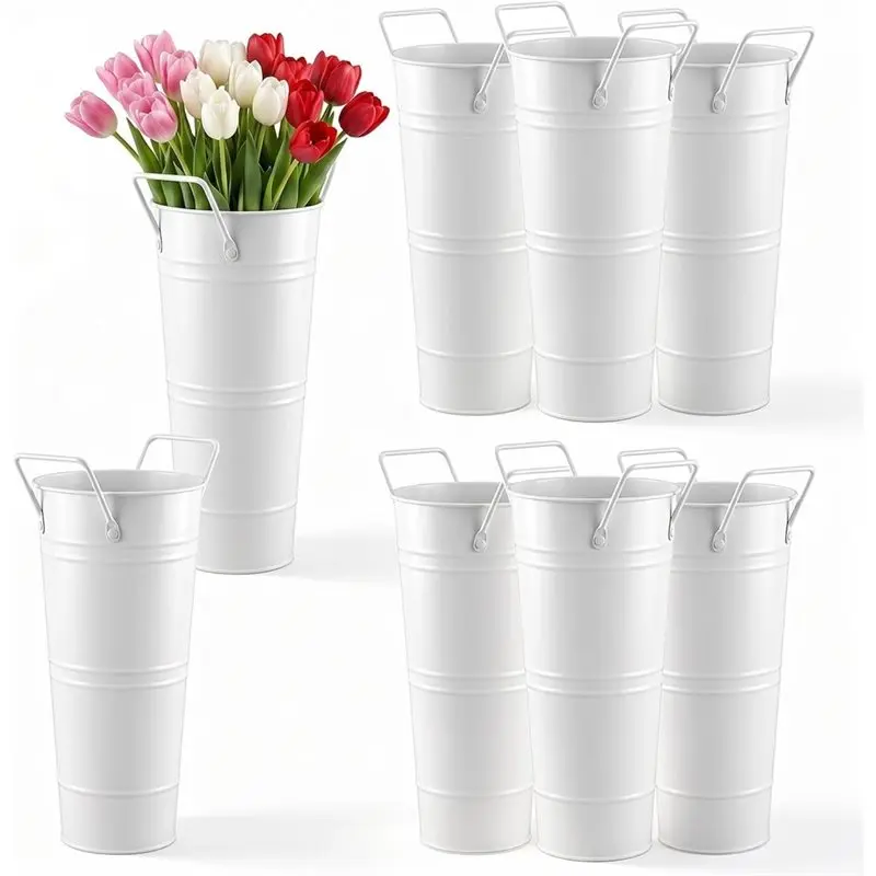 AAAN-8 Pack Flower Bucket, Galvanized Metal White Vintage Farmhouse 11X23x7.5Cm High-Zinc Coating, Rust-Proof & Weather
