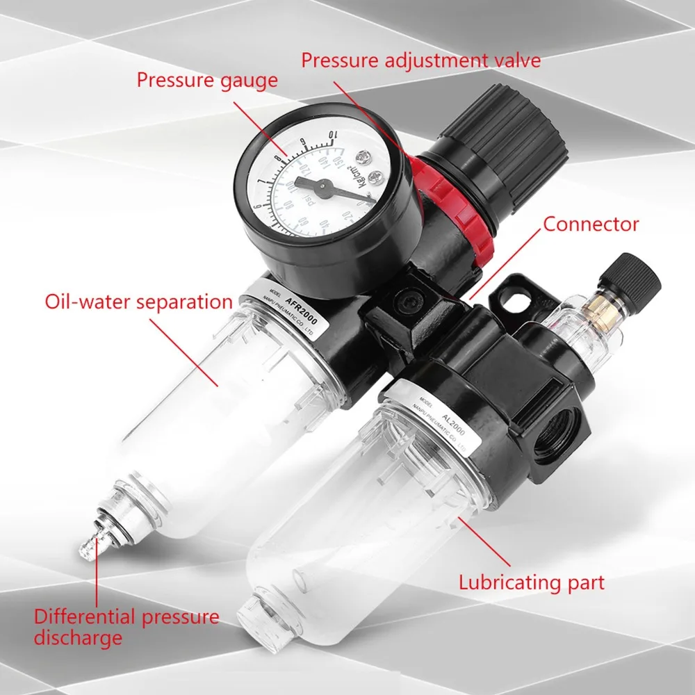 Aluminum Alloy Air Filter Regulator Lubricator Black Compact Oil Water Separator Filter Semi-Auto Drain Valve
