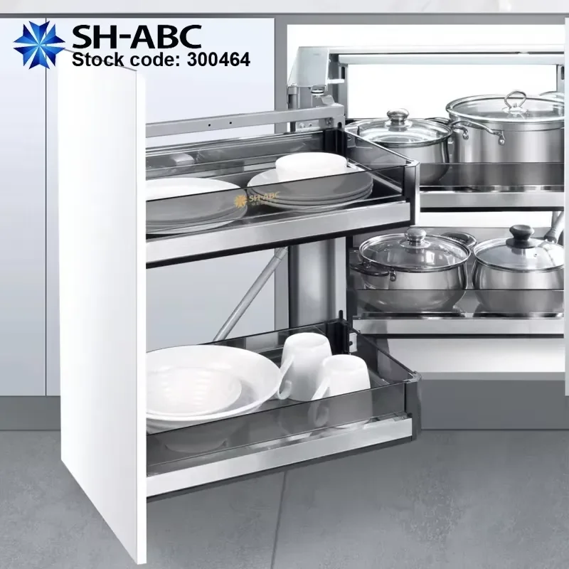 Modern Stainless Steel Glass Kitchen Corner Basket Magic Installation Cabinet Locker High Quality Design For Home Storage