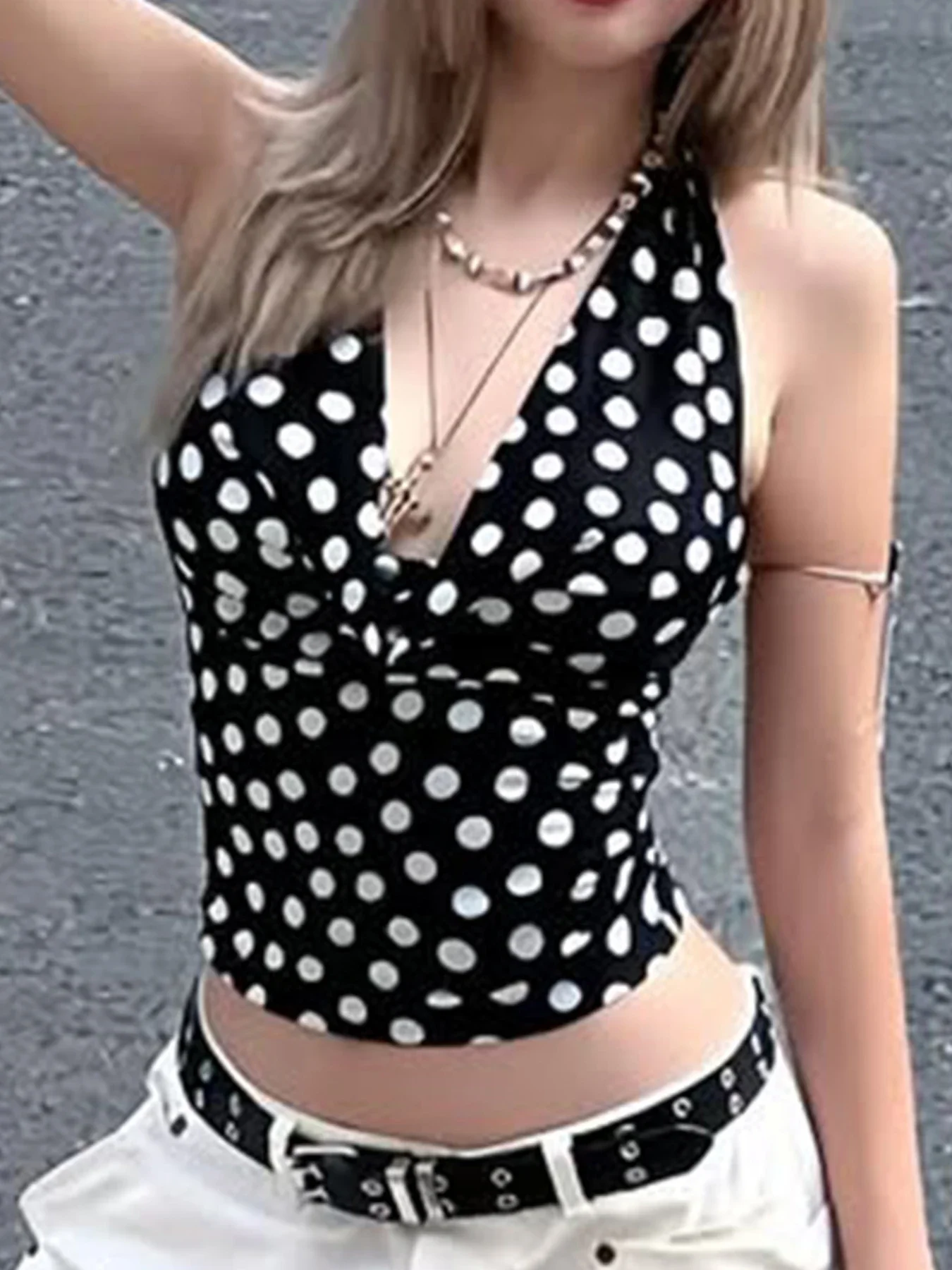 

FDEY Polka Dot Prints Slim Fit V-Neck Backless Women Halter Tops Simple Hottie Y2k Fashion Trendy Design Tanks