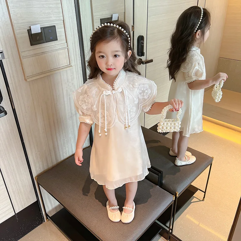 Girls' Summer New 'S Clothing Chinese Style Short Sleeve Skirt Children'S Baby Retro Solid Color Dress Fashion