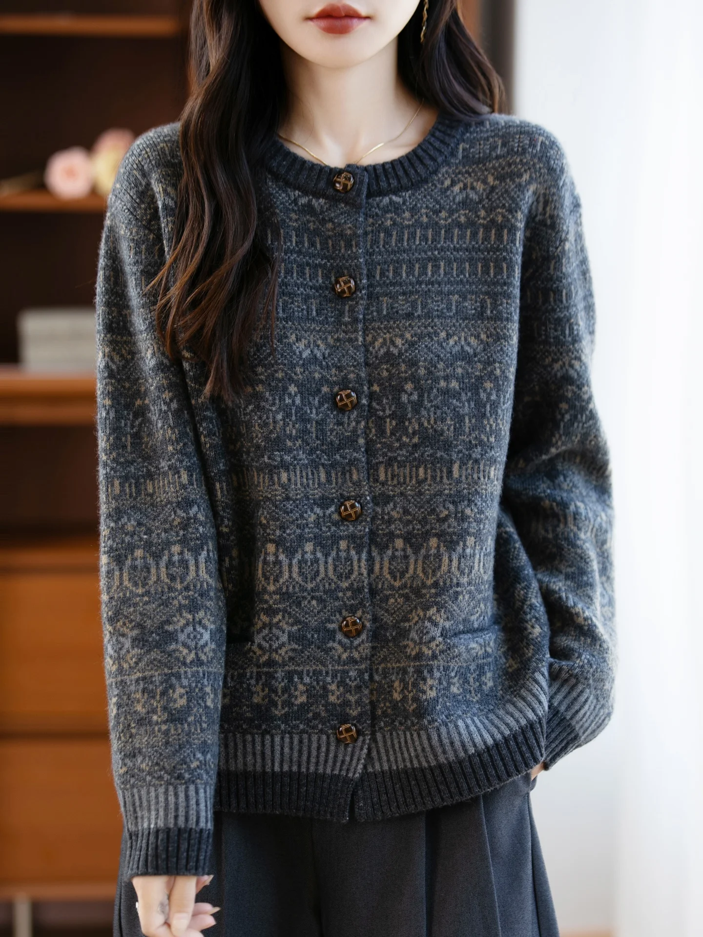 Autumn Winter Thiened Bear Fur Ladies Open Cardigan Loose round Ne Patchwork Ethnic Knitted Outerwear Soft Long Sve Top