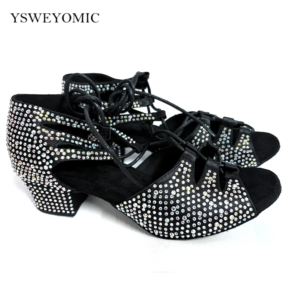 

Low Heel 4cm Dance Shoes For New Dancer Suede Sole Black Satin Rhinestones Latin Ballroom Women Dance Shoes 34-42 size