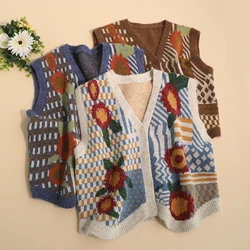 Vintage Print Sweater Vest Women Korean Style V-Neck Sleeveless Knitted Cardigan Female Loose Outwear Waistcoat Casual Tank Tops