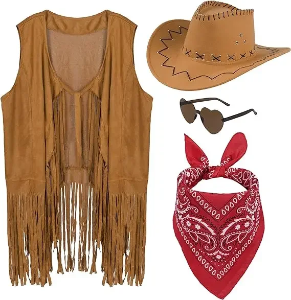 Vrouwen Mannen Cowgirl Kostuum Westers Vest Hoed Riem Bandana Set voor Cowboy Kwasten Fringe Vest Halloween Outfits Wild West Cosplay