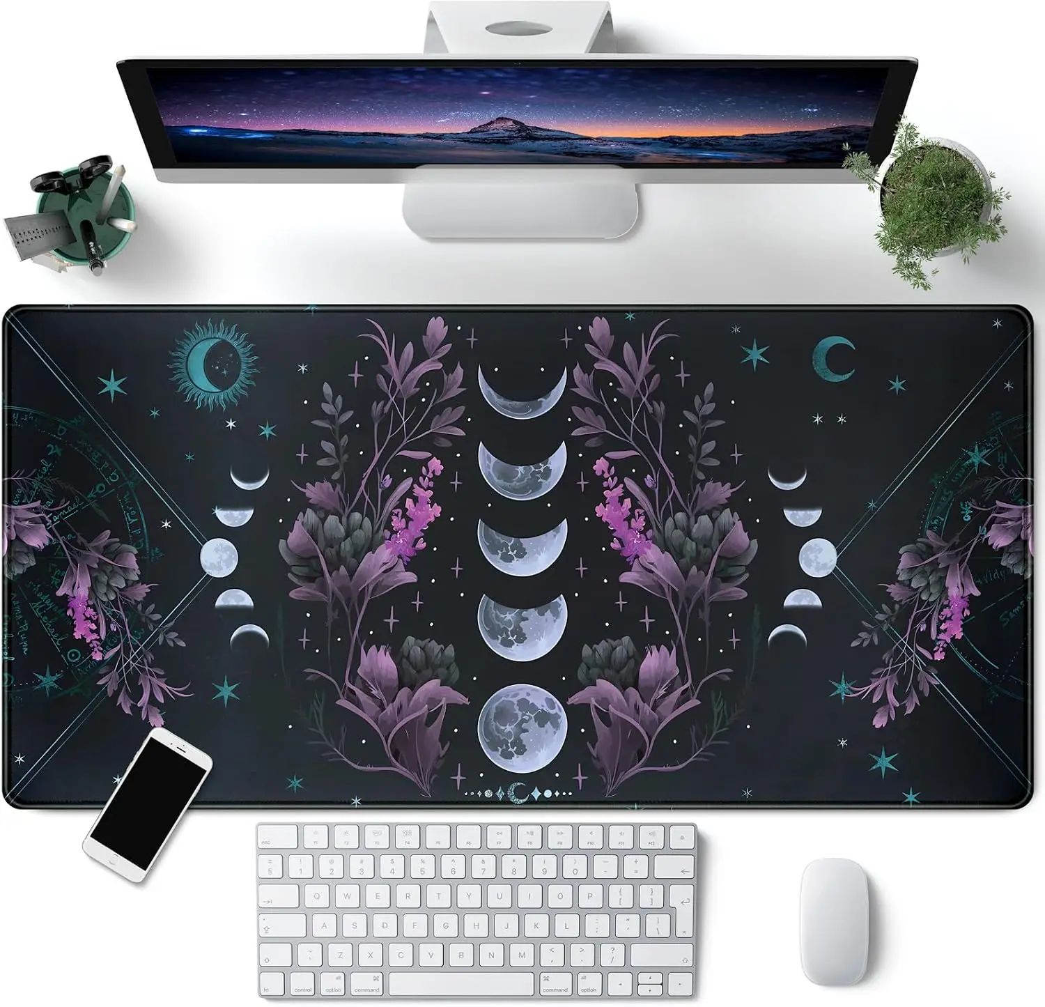 Witchy Lunar Phase Desk Mouse Pad, Dark Gothic Moon Flower Star Pattern, Large Keyboard Mat For Gaming Working Desktop Decor