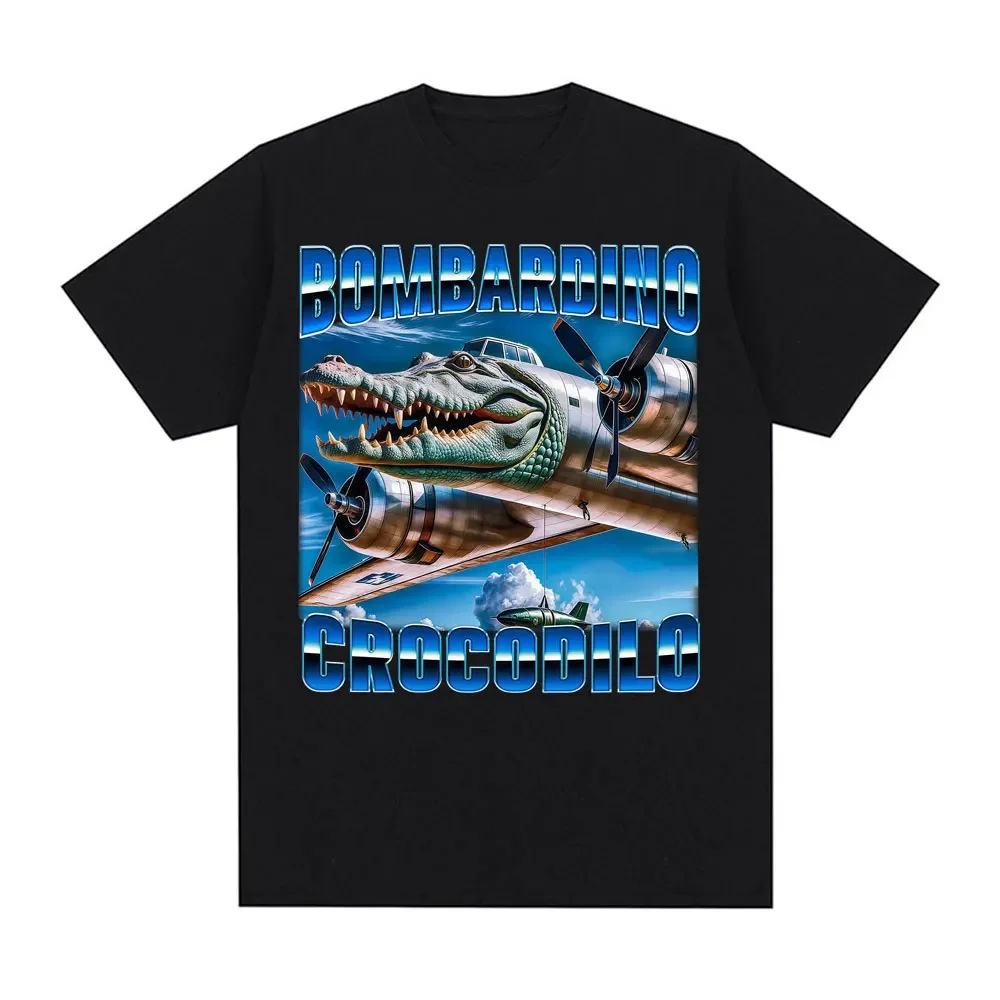 Bombardino Crocodile Funny Crocodile Airplane Bomber Meme 100% Pure Cotton T-shirts for Men Summer Fashion Pop Trend Oversized