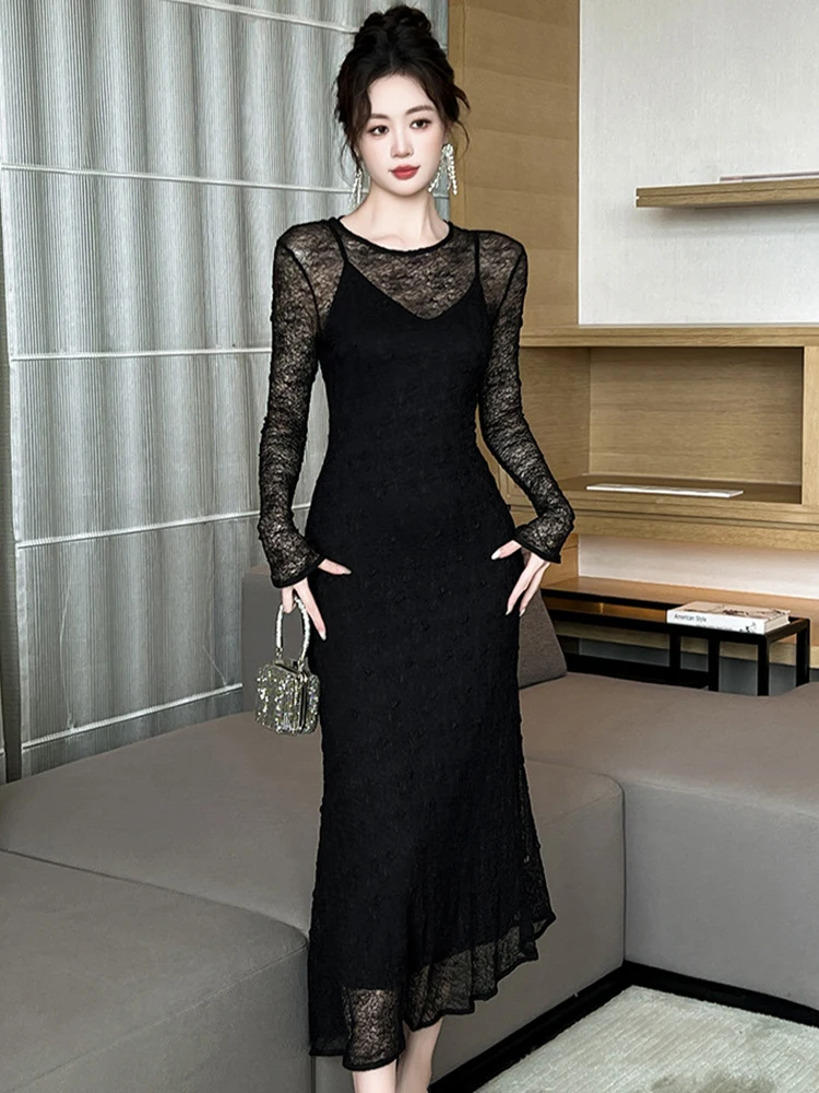 Damska Odzież Czarna Koronka Prześwitująca Seksowna Sukienka z Dekoltem O-Neck Obcisła Długa Elegancka Modna Wieczorowa na Imprezę Bal Vestido Robe Codzienna Nowa Elastyczna