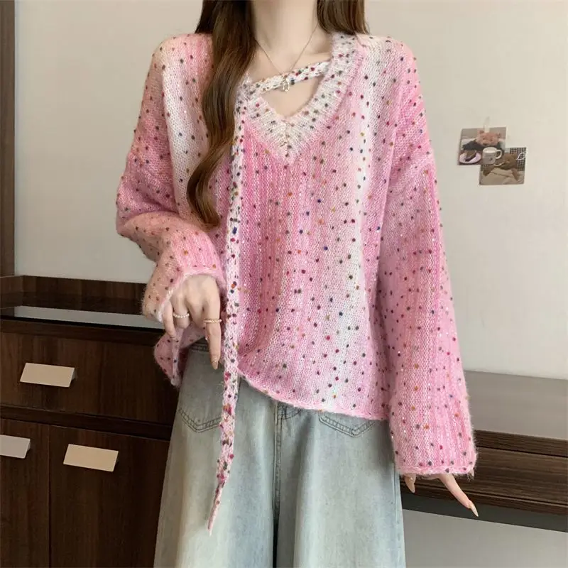 

Spring Purple Short V-neck Sweater Women's Autumn and Winter Knitted Sweater Top