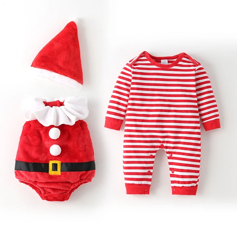 Weihnachtskostüm-Set für Kleinkinder, festlicher gestreifter Strampler mit Plüsch-Overall und Weihnachtsmütze für Babys und Kleinkinder