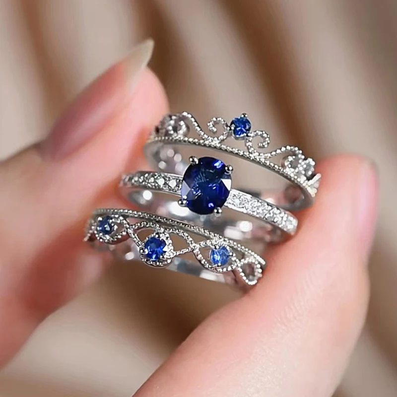 Huitan Noble Blue CZ 3Pcs Zestaw pierścionków dla kobiet Ślub Impreza Nowa Nowoczesna Moda Kobiece Akcesoria Srebrny Kolor Luksusowa Biżuteria CZ