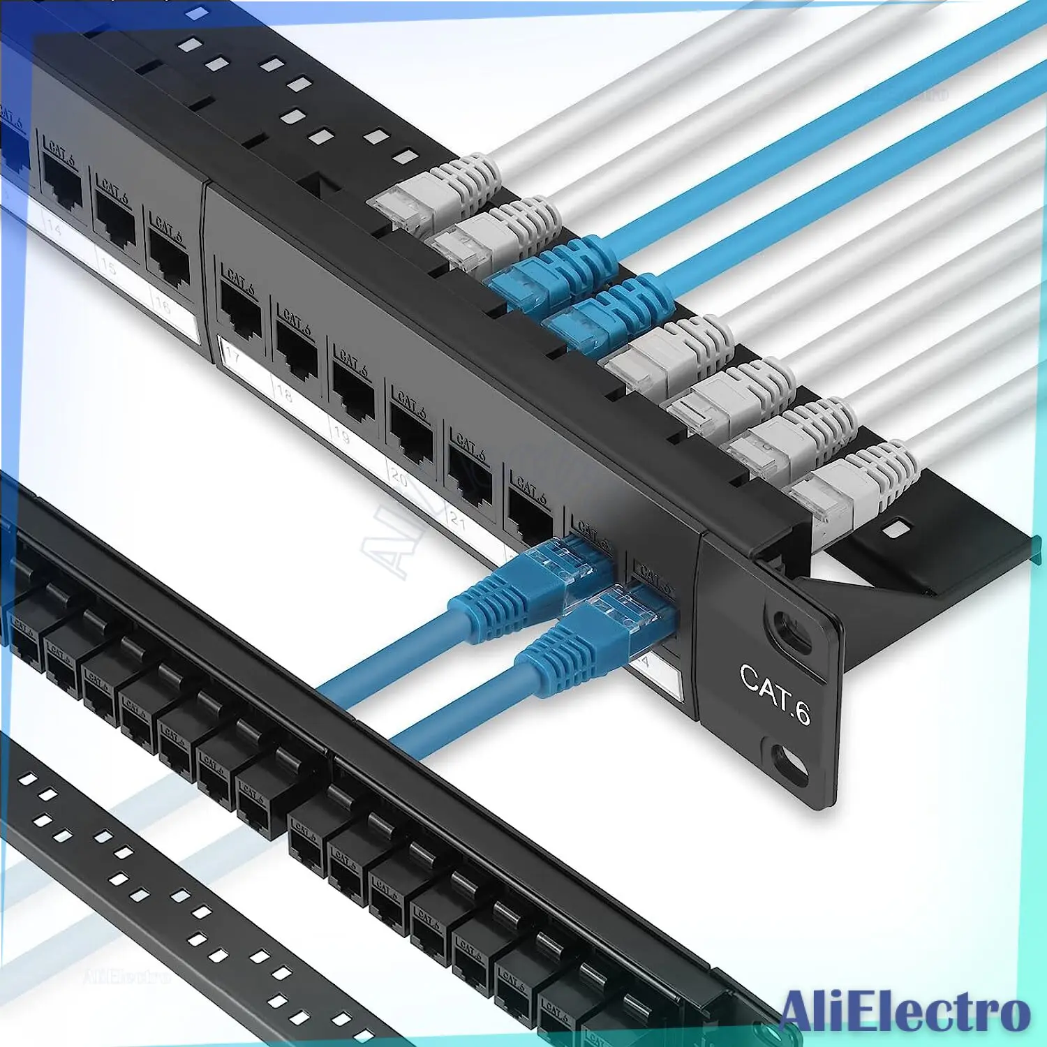 

24 Port Cat6 Cat6a Cat7 Inline Keystone 10G, RJ45 Coupler Patch Panel 19-Inch With Removable Back Bar