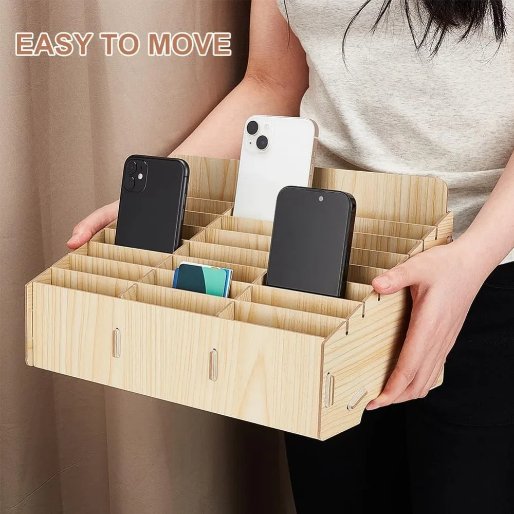 24-Grid Wooden Cell Phone Storage Box Beige Mobile Phone Management Storage Box Desktop Organizer for Office and School Supplies