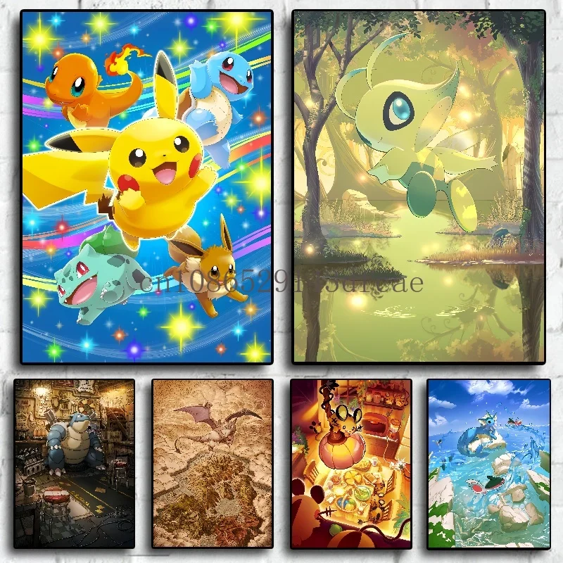 Classic Pokemon Japanese Anime Figures HD Poster Pikachu Peripheral Modern Room Decoration Charizard Art Picture Kids Gifts