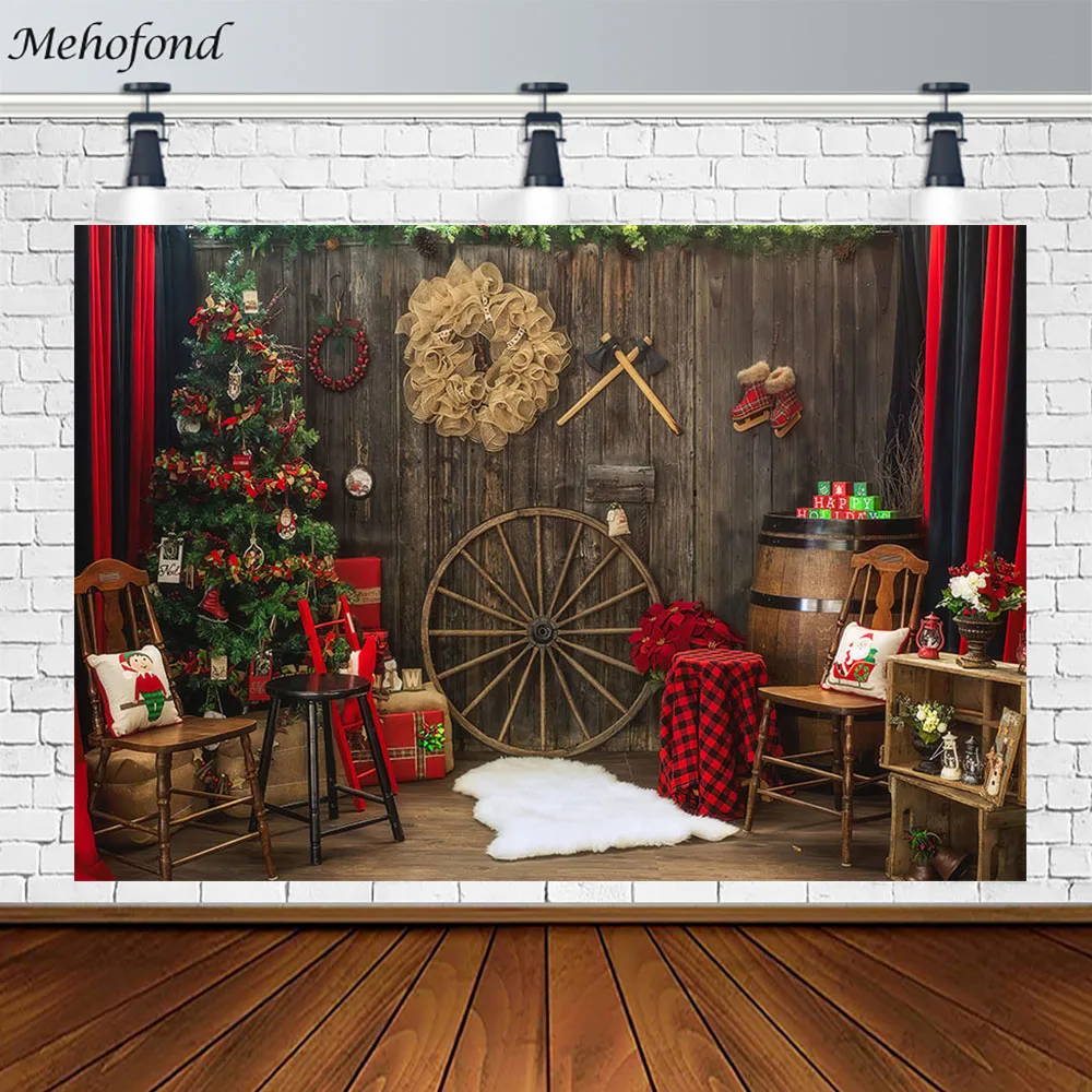 Mehofond Christmas Decoration Backdrop Wooden House Grain Warehouse Wheel Xmas Tree House Portrait Photography Background