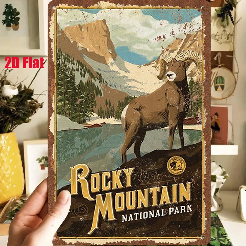 2D Flat - 1pc 2D[Flat] Metal Sign Retro Tin Painting "Rocky Mountain National Park" 8X12 Inches/20X30 Cm, Depicting a Majestic G
