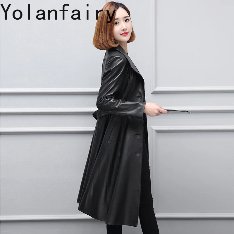 YOLANFAIRY 신상품 리얼 양가죽 트렌치코트 여성 한국 패션 진짜 가죽 재킷 여성 슬림핏 롱 윈드브레이커