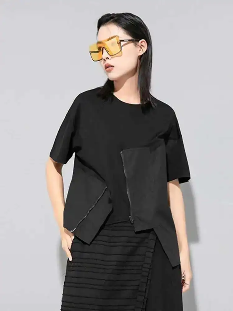 Women Irregular Zippper Casual Big Size T-shirt New Round Neck Short Sleeve Fashion Tide Spring Summer