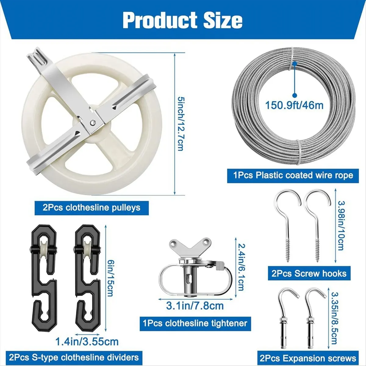 Clothesline Outdoor Kit, Wire Rope, 5-Inch Pulley, S-Type Divider, Tightener, Screw, Hook and Expansion Screw