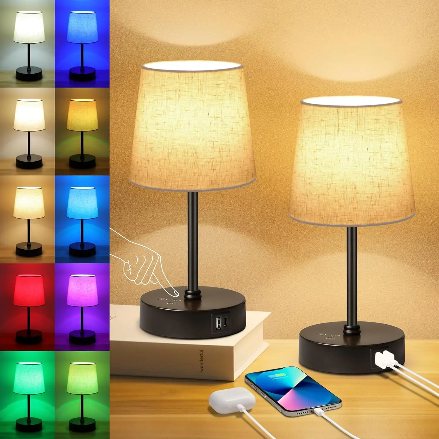

Set of 2 RGB Color Changing Nightstand Lamps, Dimmable with USB C+A Ports, Touch Control for Bedroom Living Room