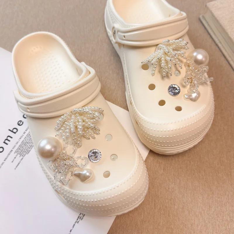 Ballet Clog Shoe Charms with Crystal Pearl Flower Hand Beaded Detachable Buckle Decorative Kit Lightweight Premium