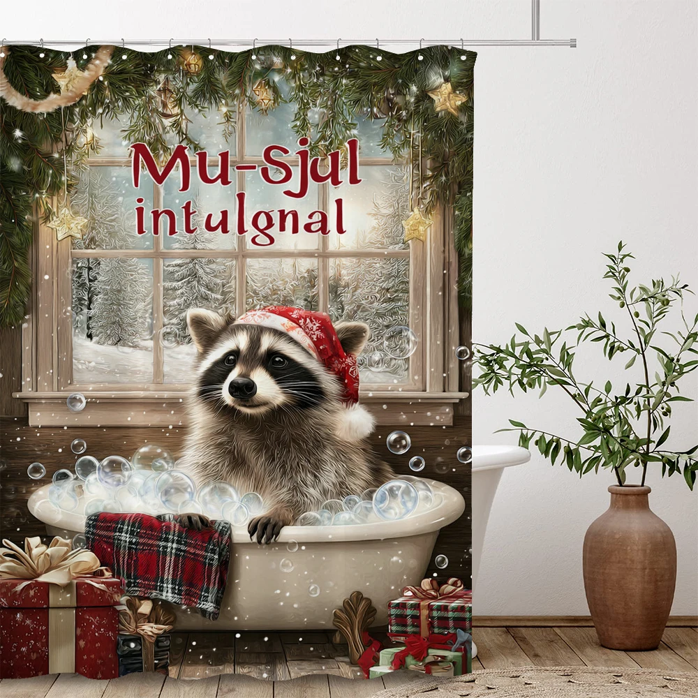 

Merry Christmas Shower Curtain, Bathroom Decorative Christmas Cartoon Shower Curtain, Waterproof Shower Curtain with Hooks