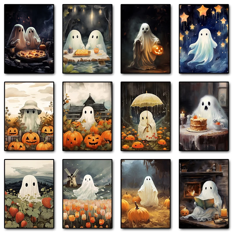 White Ghost Kawaii Halloween Pumpkin Wall Art Canvas Painting White Ghost Life Posters Prints Wall Picture for Room Home Decor