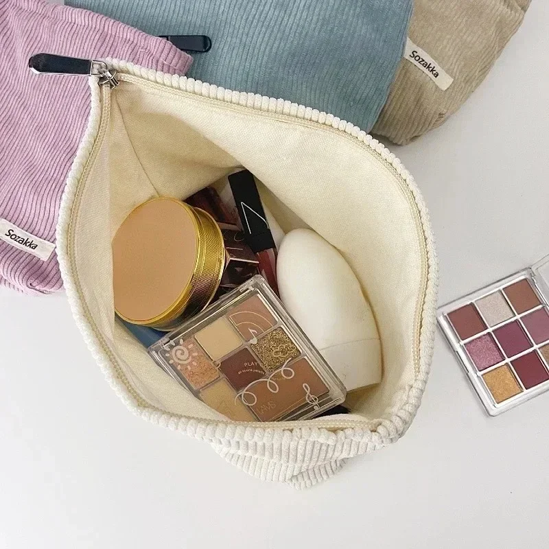 Custodia per trucco in velluto a coste tinta unita Borsa per cosmetici Borsa per cosmetici di grande capacità Borsa da toilette portatile per lavaggio della pelle Organizzatore da viaggio