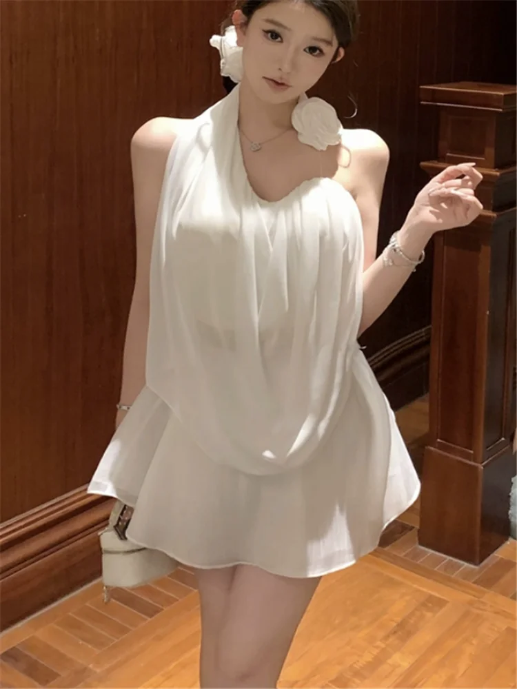 

White Summer Women 2 Piece Sets Spicy Girl Sexy Backless Flower Halter Shirt Top&Mini A Line Skirt New Design 2pc Matching Suits