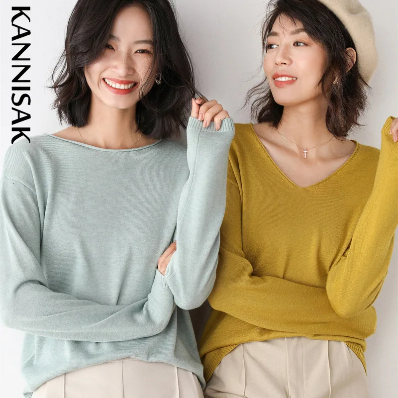 2023 Spring Autumn Womens Sweater Solid Knitwear Korean Loose Female Basic Casual Jumpers Stretch Pullover Sky Blue Pink Sweater