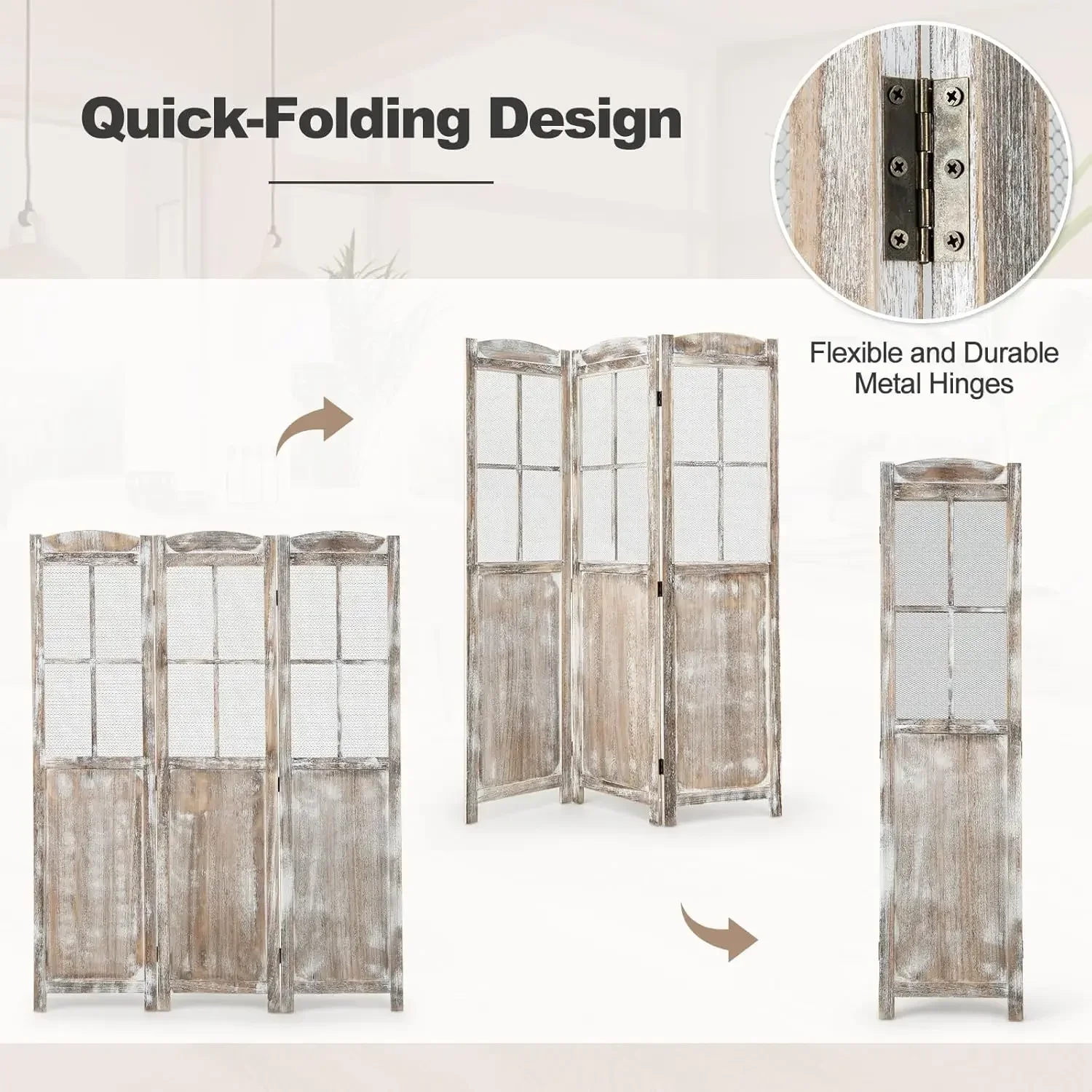 3-Panel Folding Room Divider, 6FT Paulownia Wood Privacy Screen with Mesh Window, Natural Rustic Freestanding Wall Divider Parti