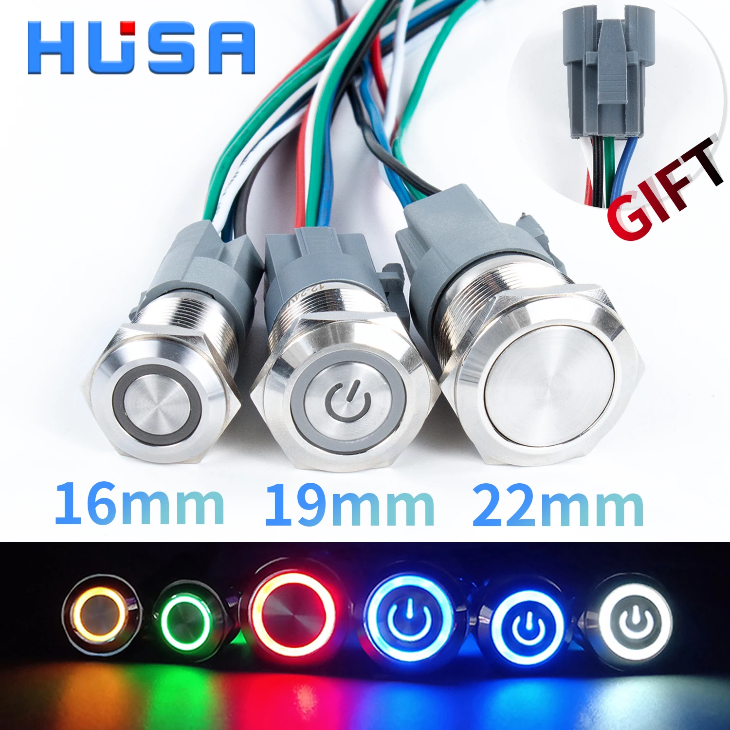 16 19 22mm With Wire Waterproof Metal Push Button Switch LED Ring/Power Light Momentary Latching 5/12/24/220V silver1NO1NC