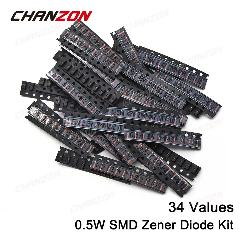 34 Werte 0,5 W SMD-Zenerdioden-Sortiment-Kit 2 V 3 V 3,3 V 3,6 V 5,1 V 5,6 V 7,5 V 10 V 12 V 13 V 15 V 16 V 18 V 20 V 22 V 24 V 30 V 36 V 39 V 47 V