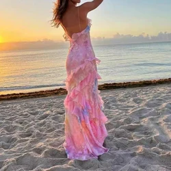Fashion Sleeveless Floral Print Suspender Dress Casual Backless Summer Beach Dresses New Women's V Neck Ruffled Slim Long Dress