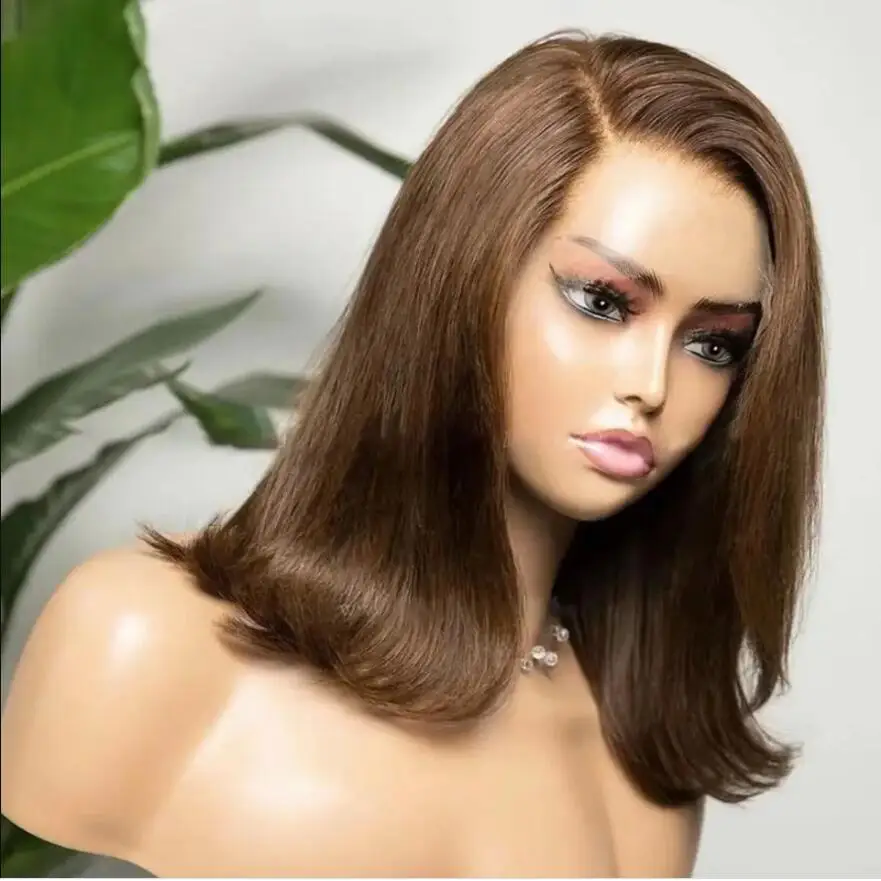 Panjang tanpa lem lembut 18 inci coklat lurus 5x5 sutra dasar Yahudi rambut manusia Wig dengan bayi rambut HD renda rambut Eropa prepked