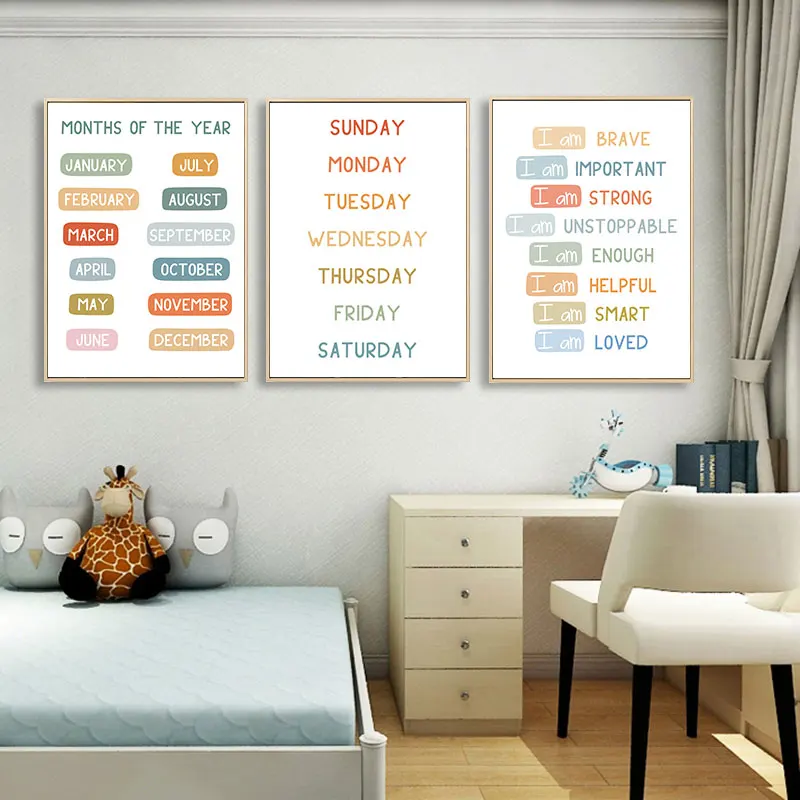 Minimalist Cute Months Days Educational Canvas Poster Prints Modern Nursery Bedroom Wall Decorative Picture Home Art Decor