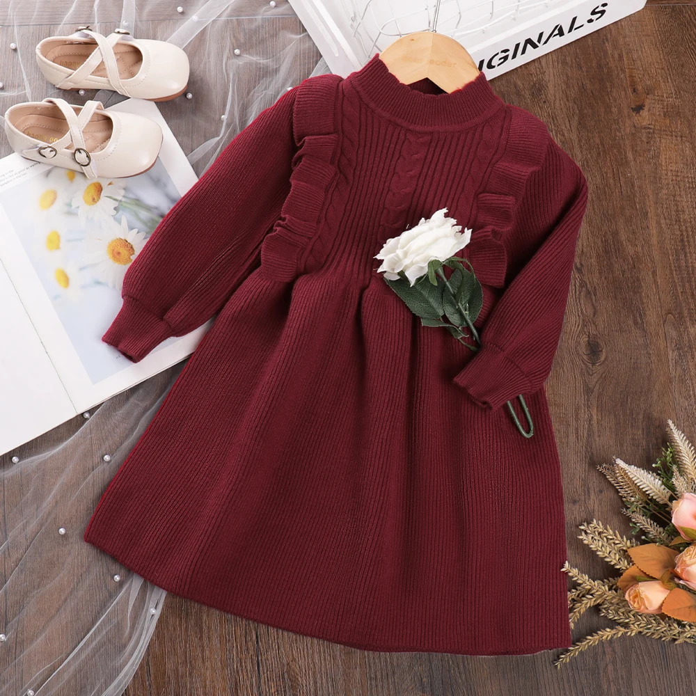

Новинка осени для девочек 2-6 лет, вязаный свитер с длинными рукавами и высоким воротником и рюшами, платье принцессы, детская однотонная повседневная одежда